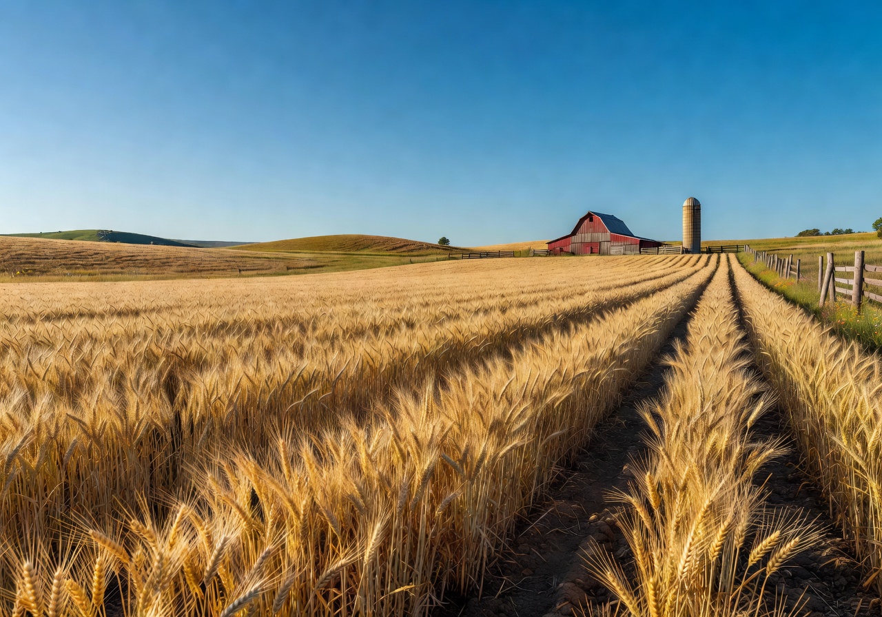 A beautiful wide shot of a real farm field with a blue sky